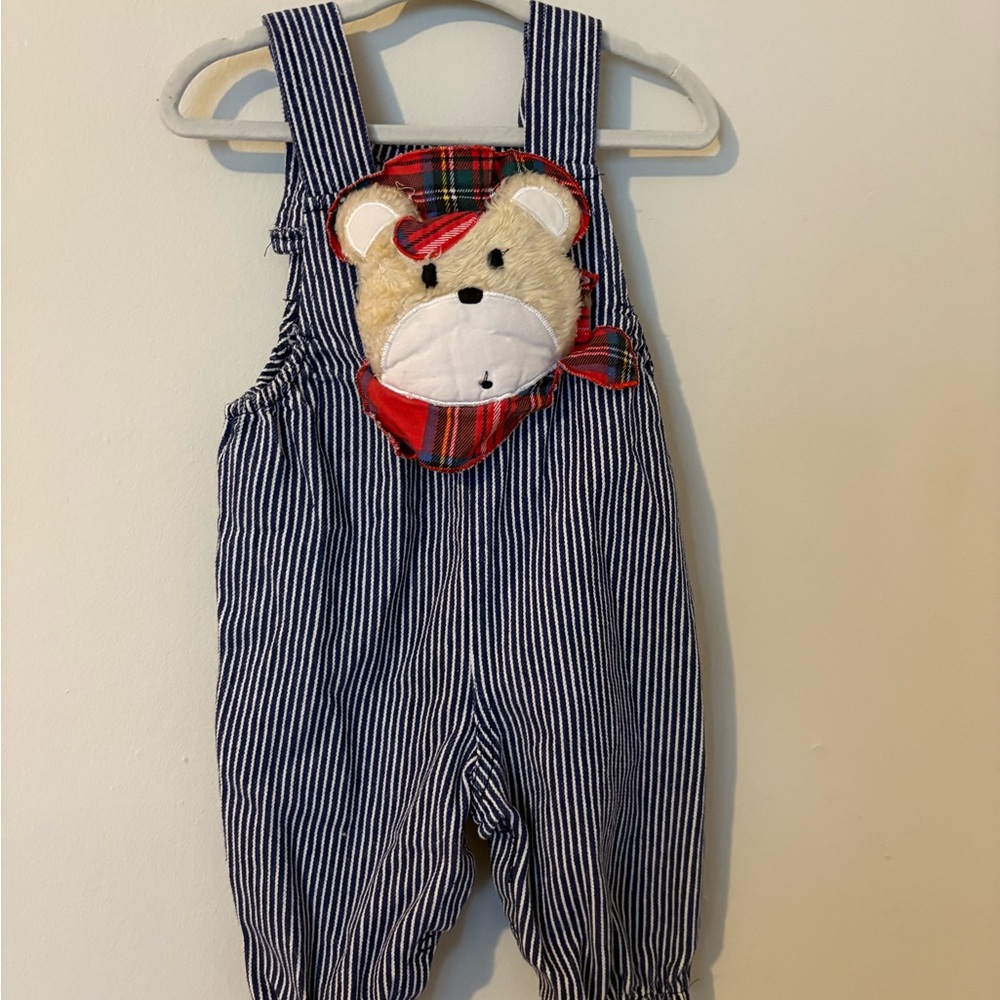 Vintage Striped Blue Overalls with Bear Design 6/9M